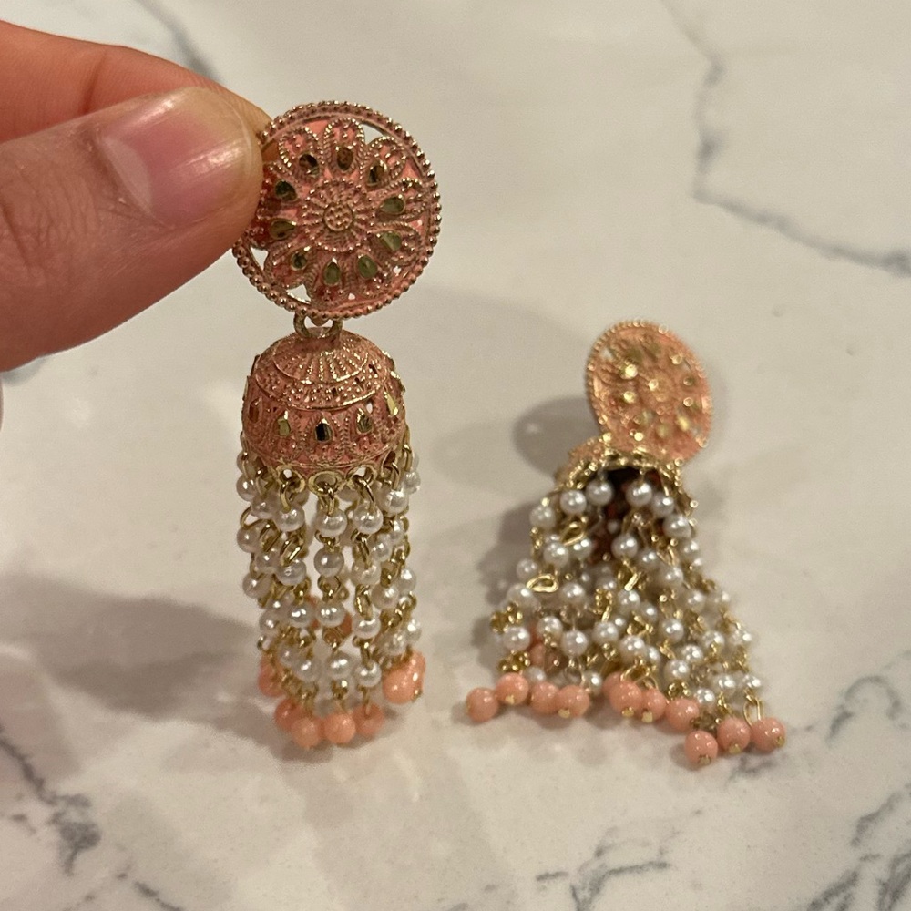Elegant Gold and Pink/Coral Pearl Beaded Tassel Earrings